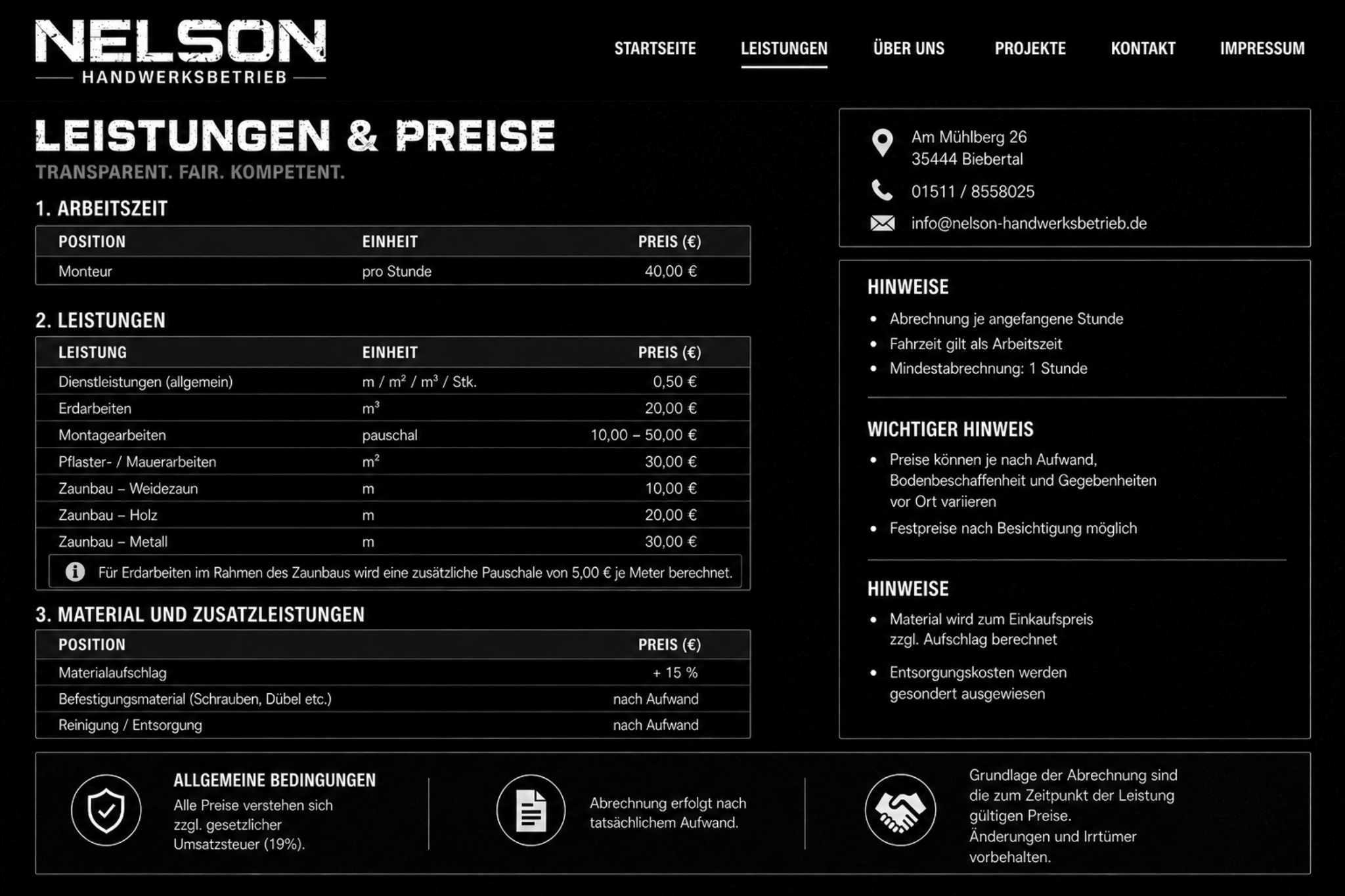 Nelson Handwerksbetrieb - Leistungen